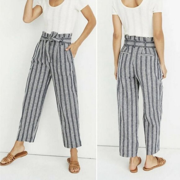 Madewell Linen Cotton Blend Paperbag Pants High Rise Blue Railroad Stripe Pant 4 - Picture 1 of 13